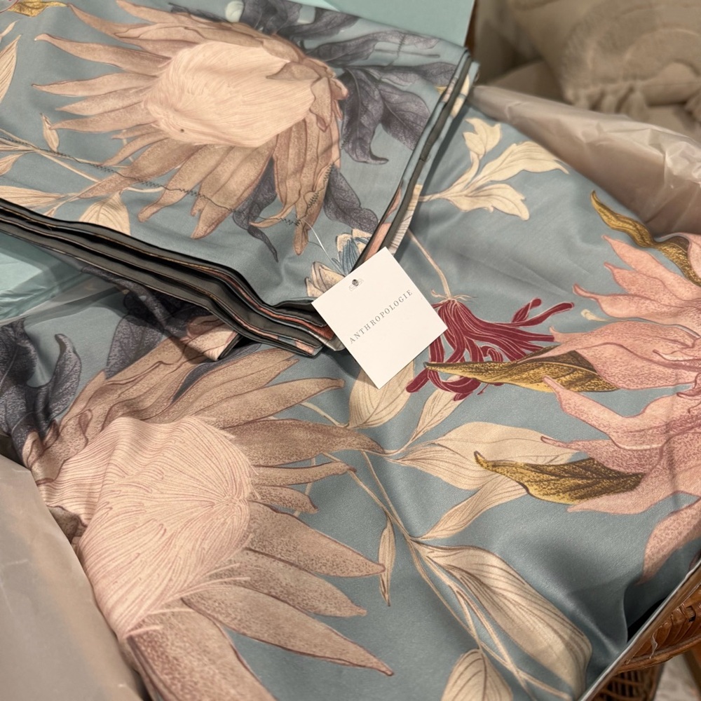 NEW Anthro Blue Floral Multicolor Full Queen King Cotton Bedding Duvet Sham Set - Picture 10 of 12